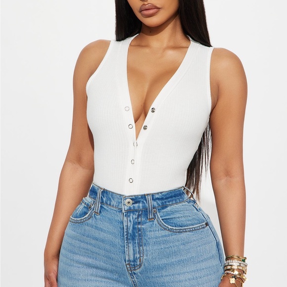 White Ribbed Button-Up Bodysuit - Picture 3 of 7